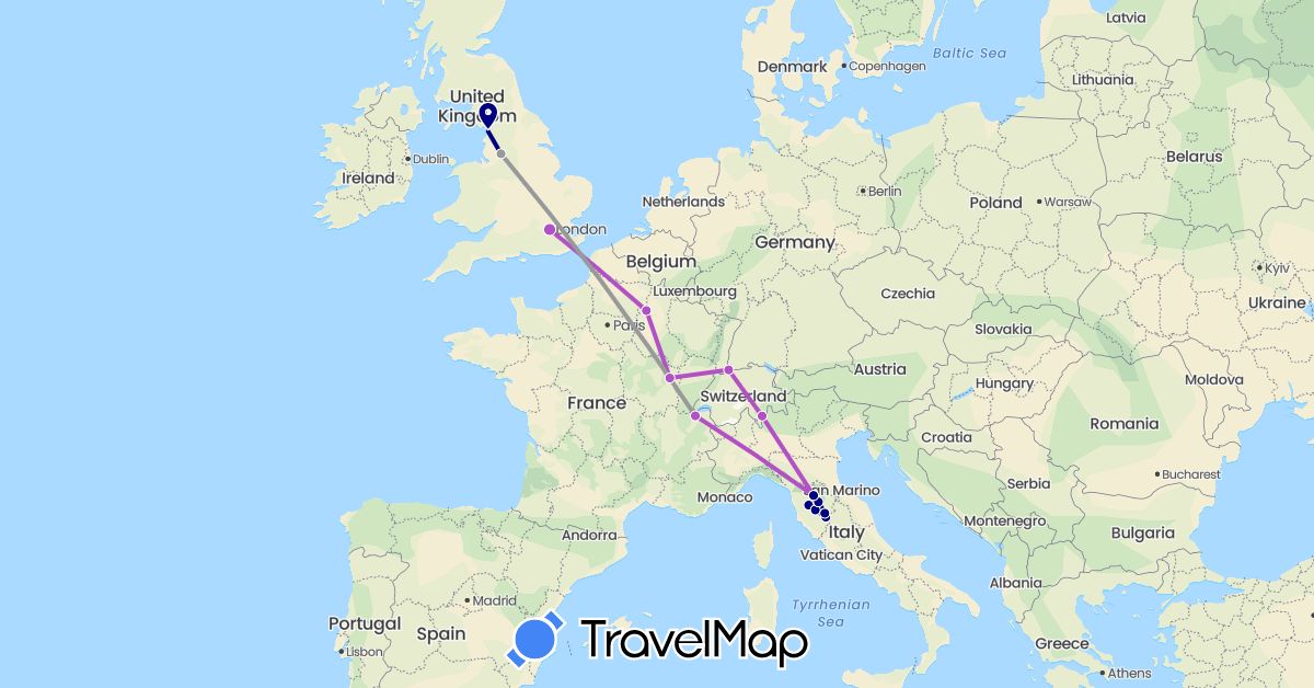 TravelMap itinerary: driving, plane, train in Switzerland, France, United Kingdom, Italy (Europe)